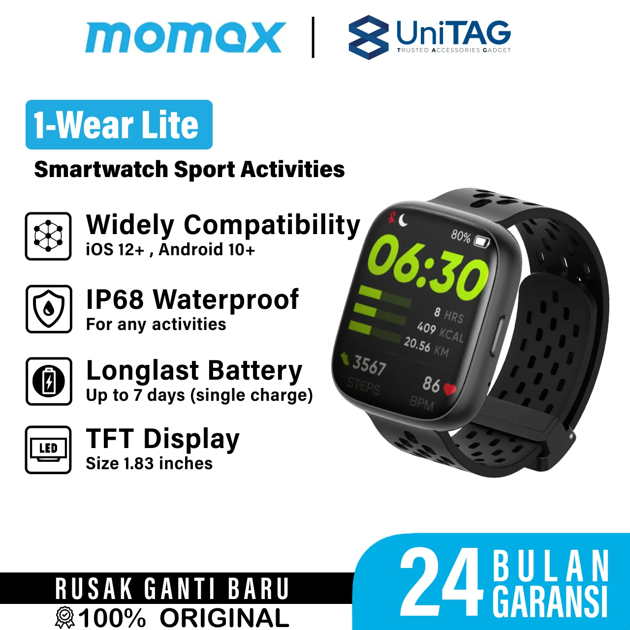 Momax Smart Watch 1-Wear Lite - Black SW1SD