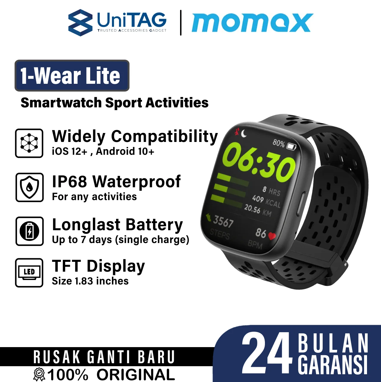Momax Smart Watch 1-Wear Lite - Black SW1SD