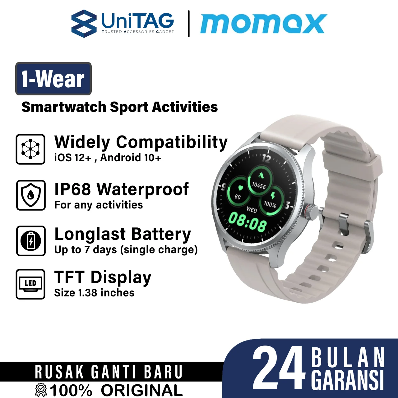 Momax Smart Watch 1-Wear - Silver Beige SW2SL