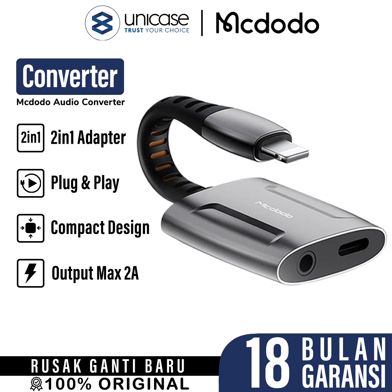 Adapter 2in1 MCDODO Lightning + Jack 3.5mm AUX Audio Spliter Converter