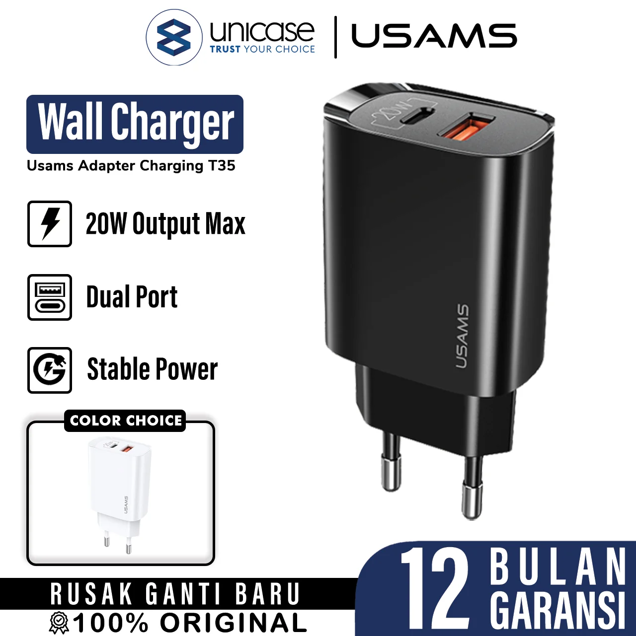 Adapter Charger USAMS T35 USB A Type C Fast Charging PD QC 3.0 Adaptor