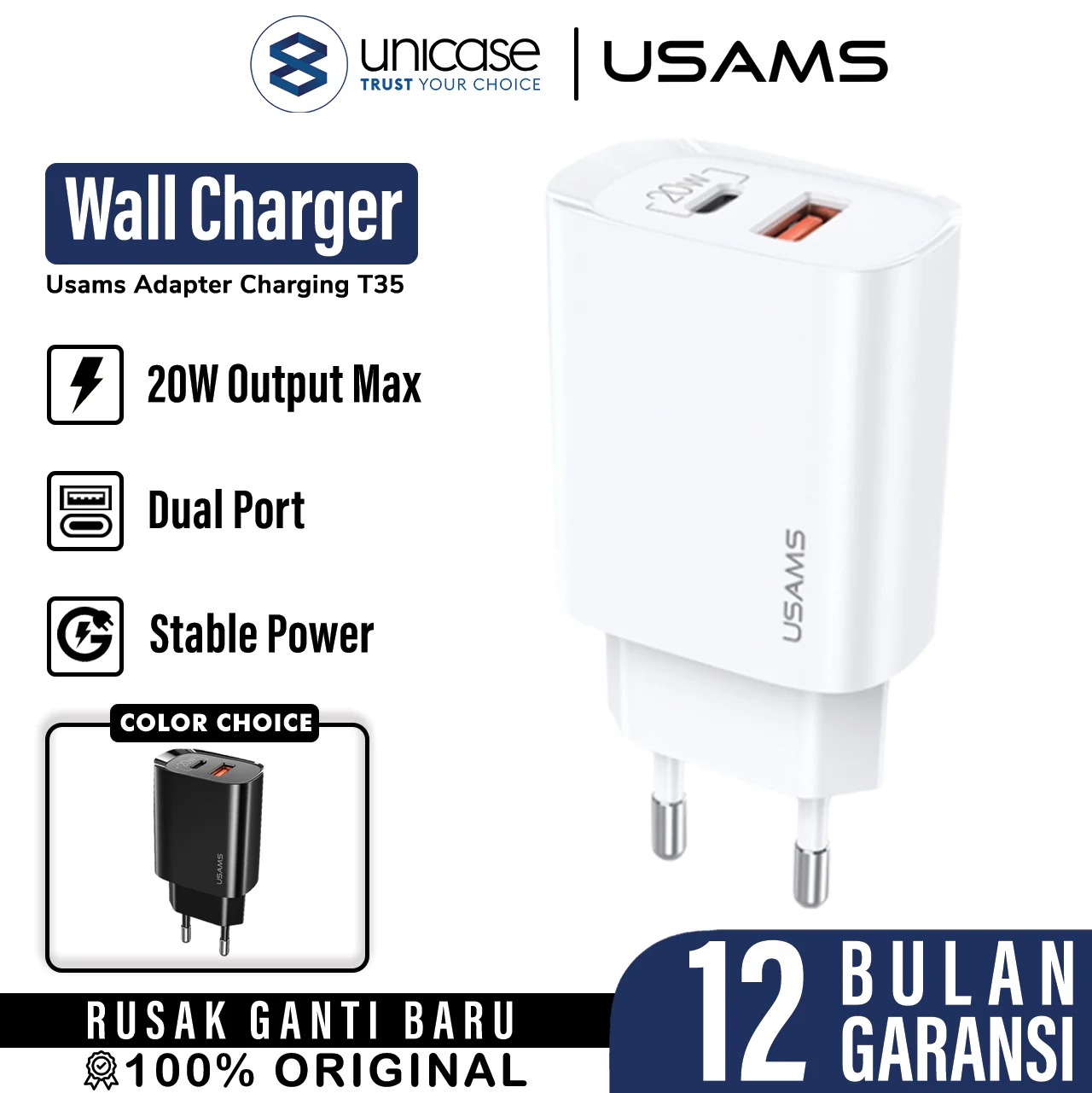 Adapter Charger USAMS T35 USB A Type C Fast Charging PD QC 3.0 Adaptor