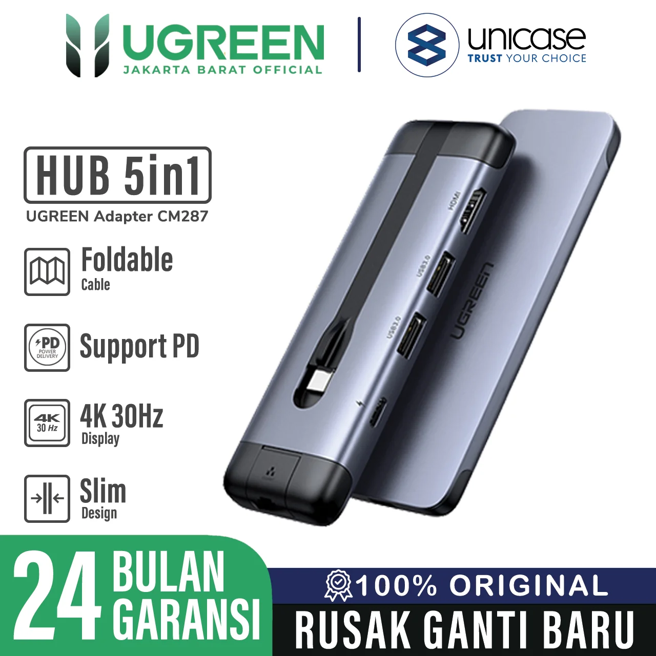 Adapter Converter HUB 5 in 1 UGREEN USB Type C PD 4K Laptop Macbook
