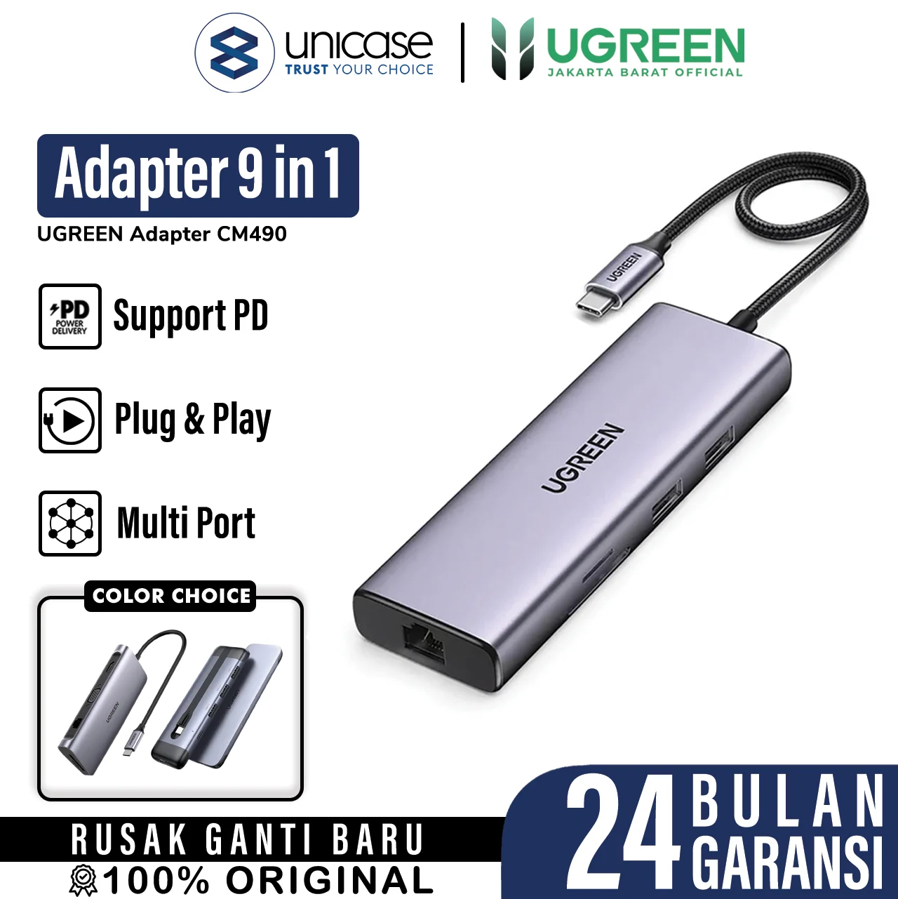 Adapter Converter HUB 9 in 1 UGREEN USB Type C PD HDMI 4K RJ45 Laptop