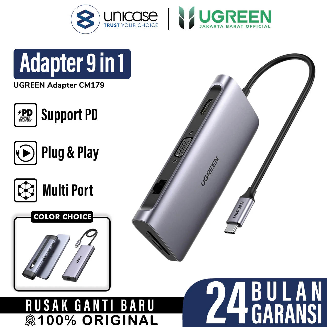 Adapter Converter HUB 9 in 1 UGREEN USB Type C PD HDMI 4K RJ45 Laptop