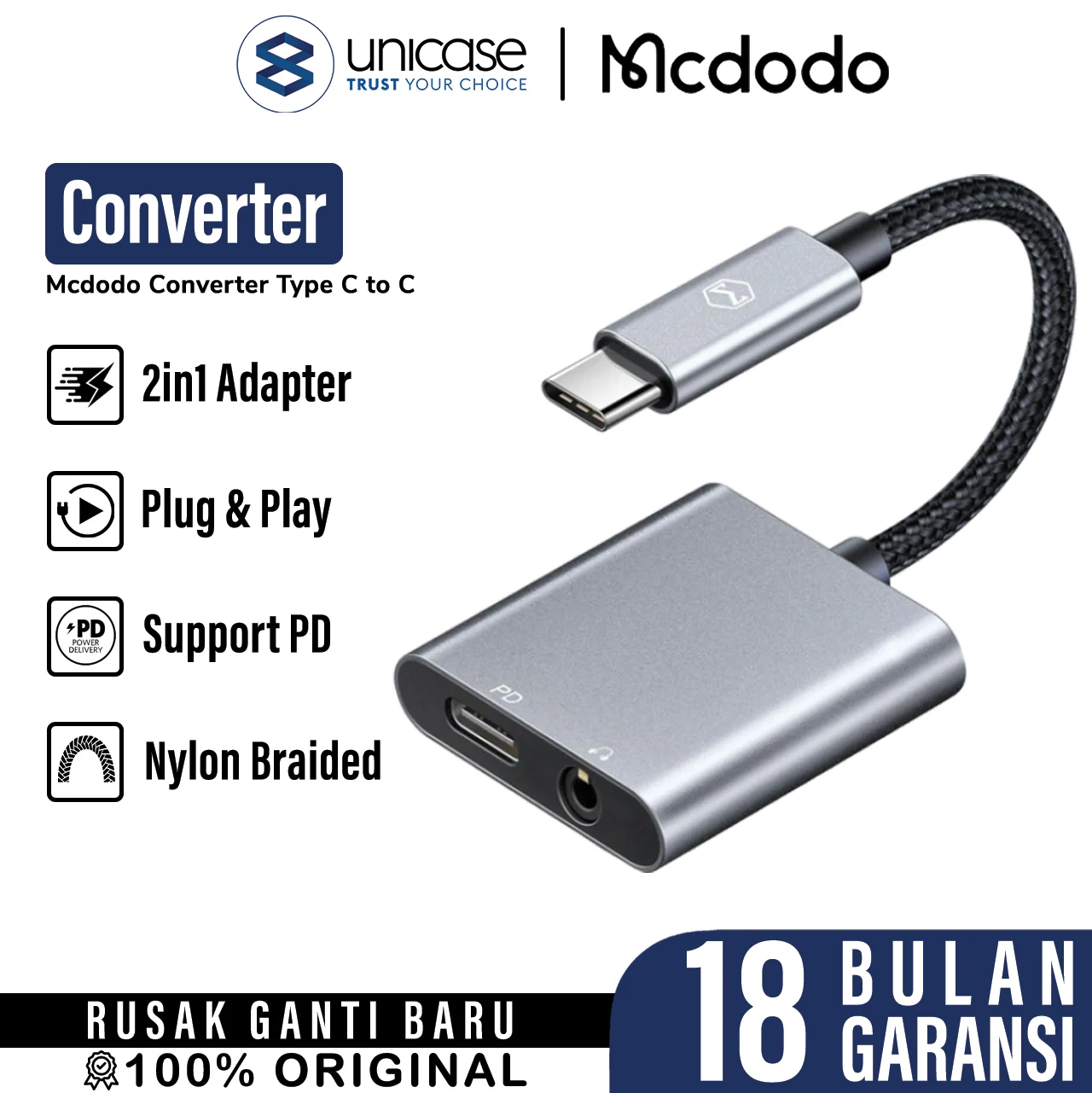 Cable Adapter 2in1 USB C to C Jack Audio 3.5mm MCDODO Audio Converter
