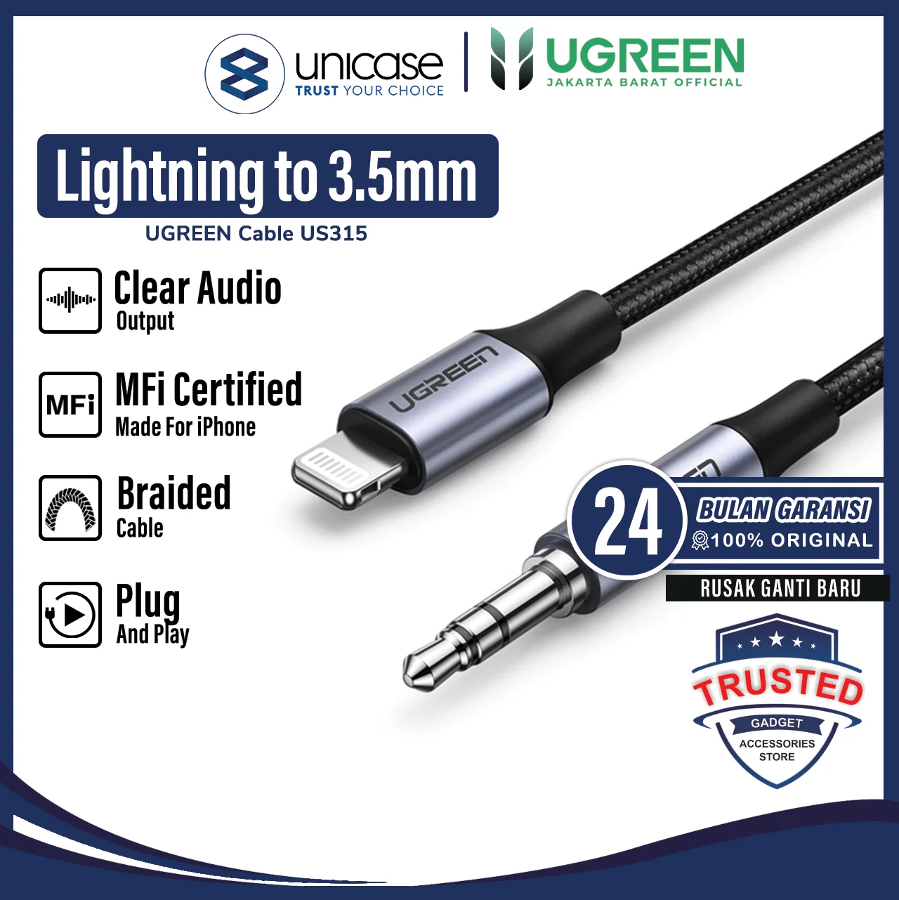 Cable Aux Audio 3.5mm to Lightning MFi male to male Braided Cable