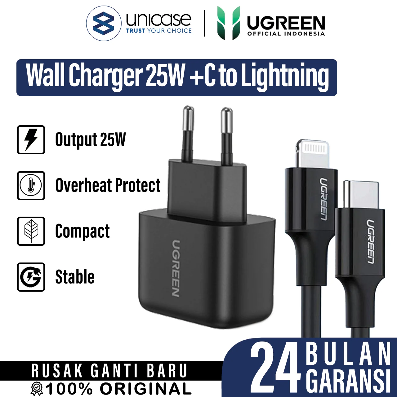 Cable Charger UGREEN CD250 Black + Cable C to Lightning 1m US171