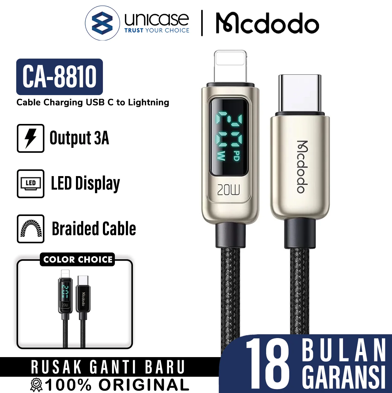Cable Charger USB C to Lightning MCDODO PD 20W Braided Fast Charging