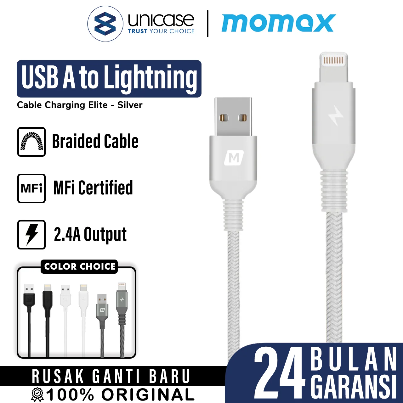 Cable Data USB A to iPhone Lightning Momax MFi 2.4A Fast Charger Kabel