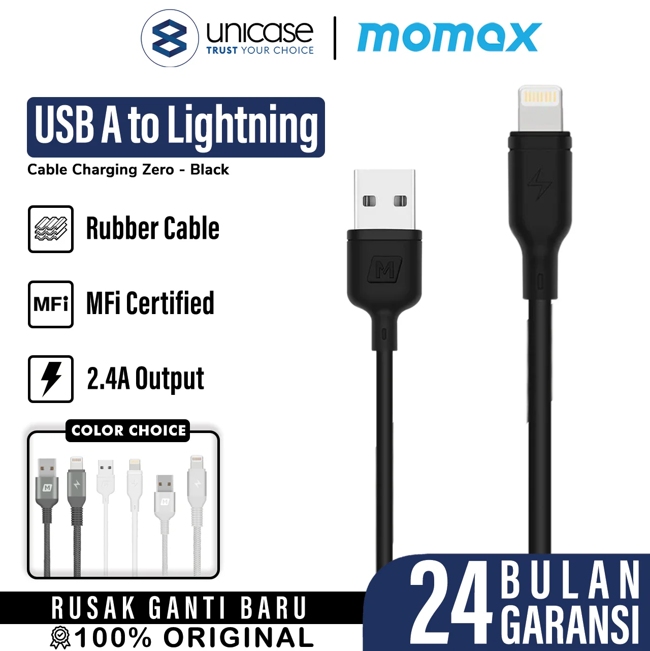 Cable Data USB A to iPhone Lightning Momax MFi 2.4A Fast Charger Kabel