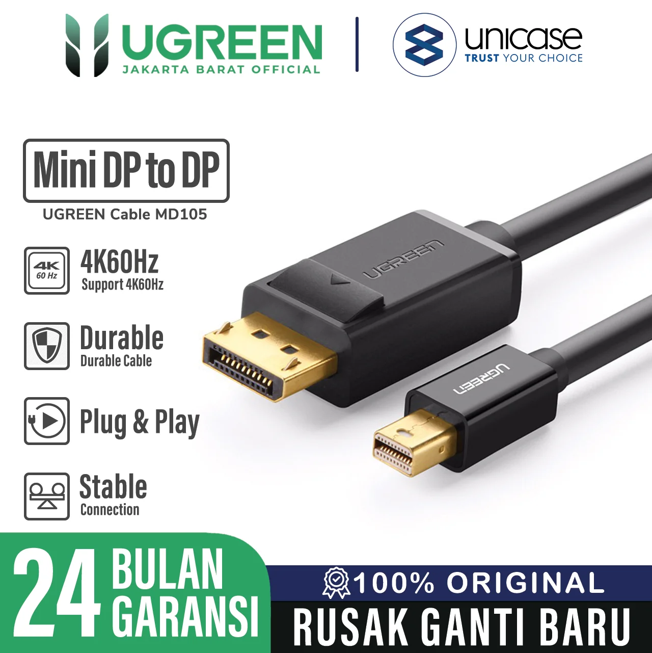Cable Mini DP to DP Display Port UGREEN 4K 60Hz Thunderbolt Converter