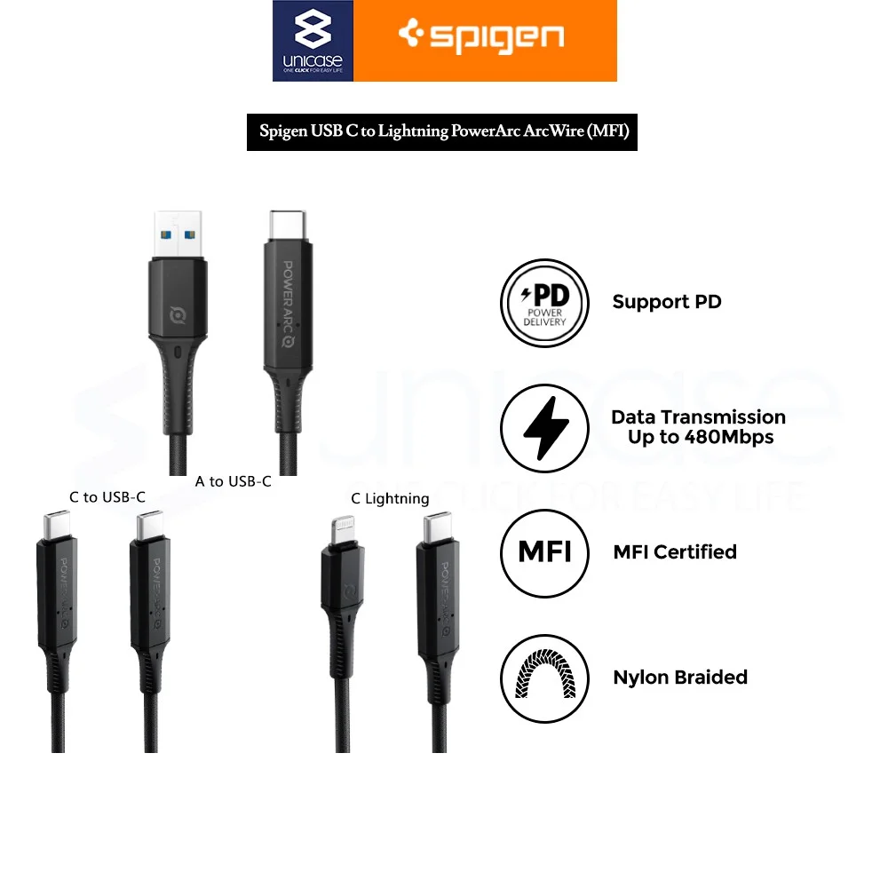 Cable USB Type C Android Lightning iPhone MFI Spigen ArcWire Nylon 1M - C to USB-C