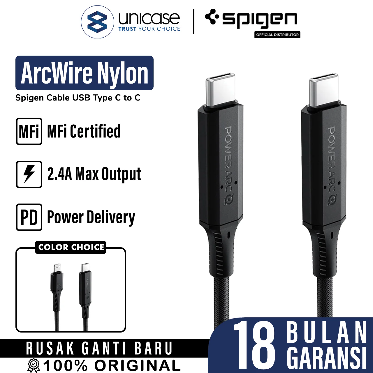 Cable USB Type C Android Lightning iPhone MFI Spigen ArcWire Nylon 1M - C to USB-C