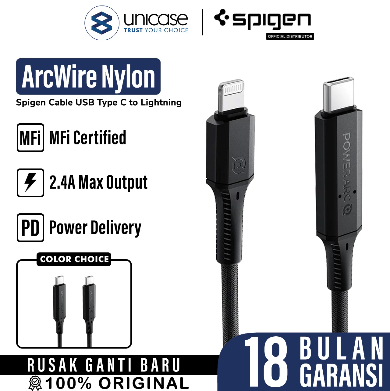 Cable USB Type C Android Lightning iPhone MFI Spigen ArcWire Nylon 1M - C to USB-C