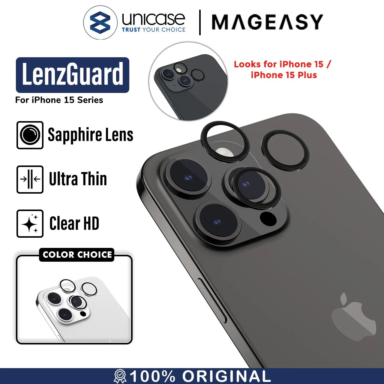 Camera Ring iPhone 15 Pro Max Plus MagEasy Lenzguard Lens Protector 9H