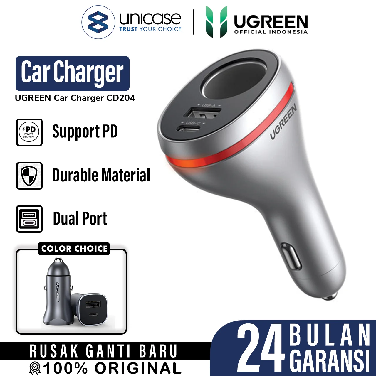 Car Charger Dual Port / Socket UGREEN USB 18W /C 20W PD QC Fast Charge