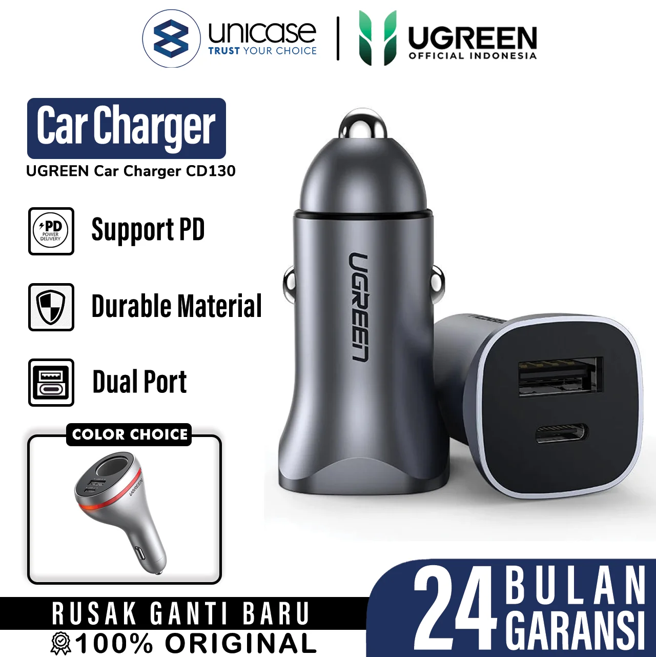 Car Charger Dual Port / Socket UGREEN USB 18W /C 20W PD QC Fast Charge