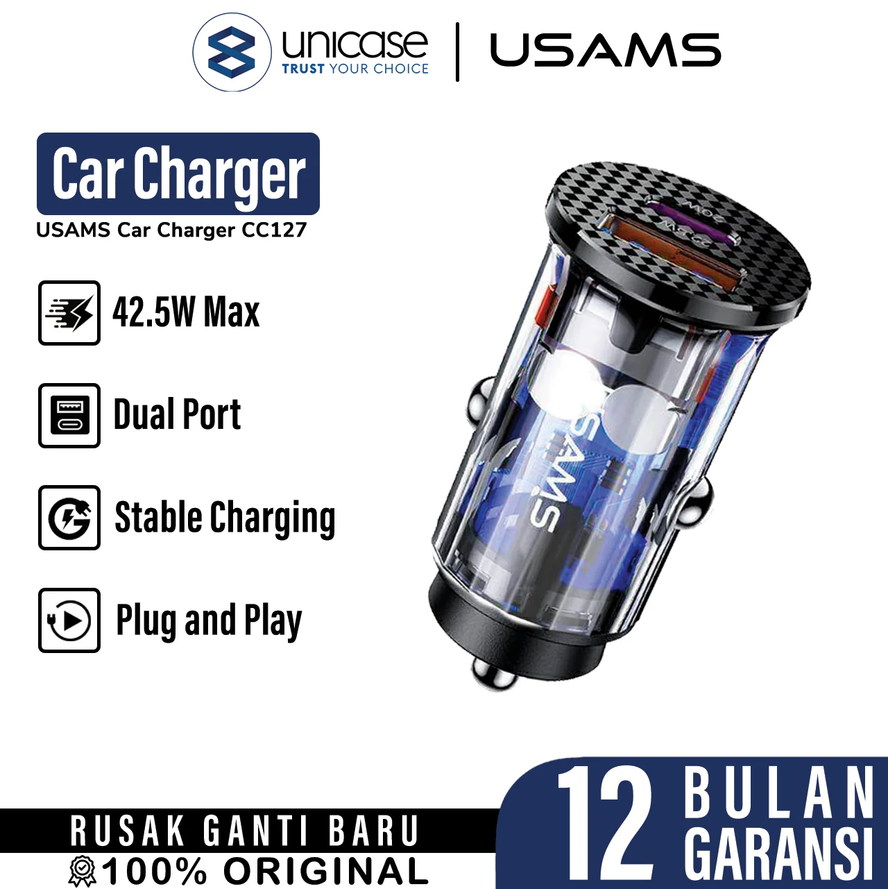 Car Charger Dual USB A/Type C Usams 42.5W PD QC 3.0 Mini Fast Charging