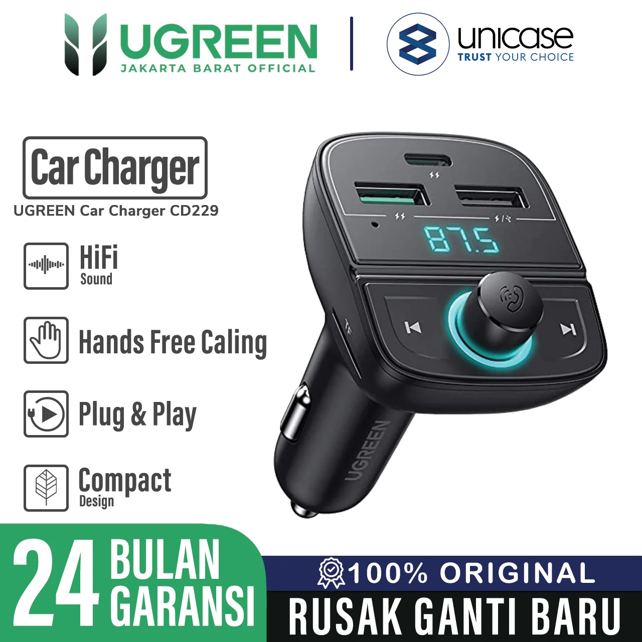 Car Charger UGREEN FM Modulator Bluetooth 5.0 USB A / C PD QC 3.0 TF