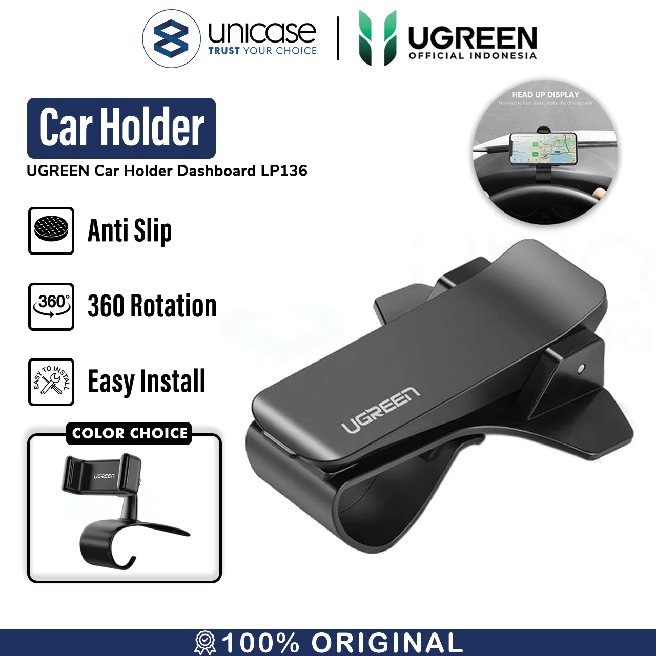 Car Holder Dashboard Clip / 360 UGREEN Stand / Dudukan Handphone