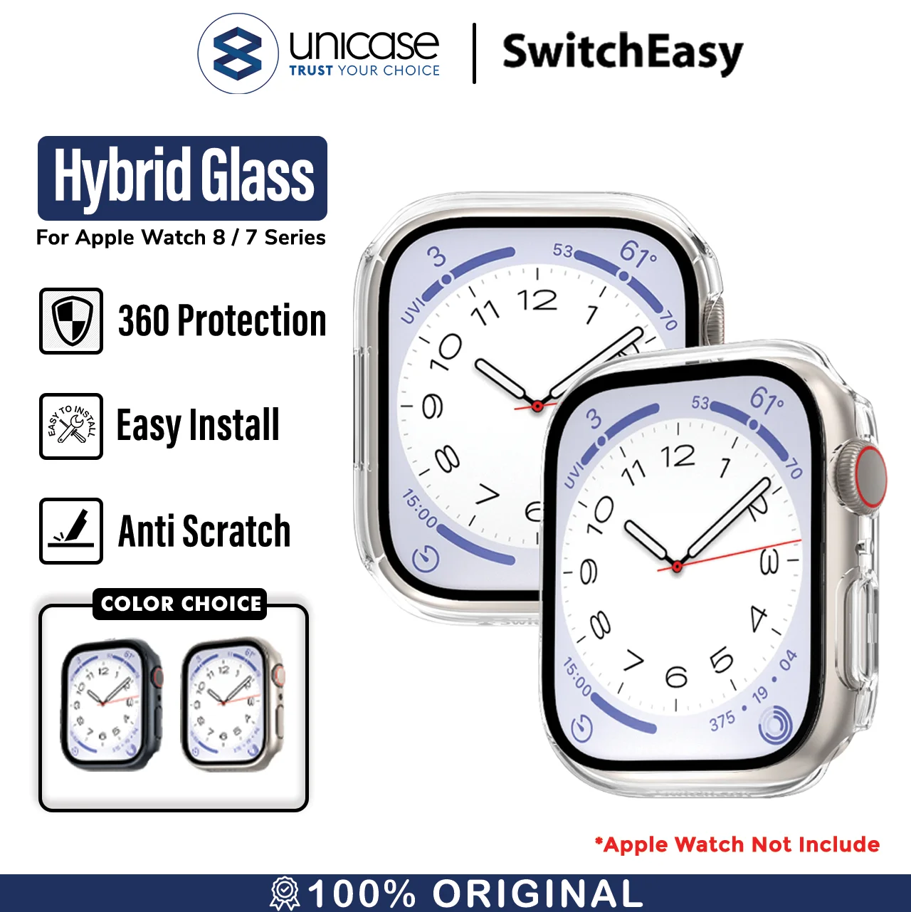 Case Apple Watch 9/8 45/41mm SwitchEasy Hybrid Glass Full Cover Clear