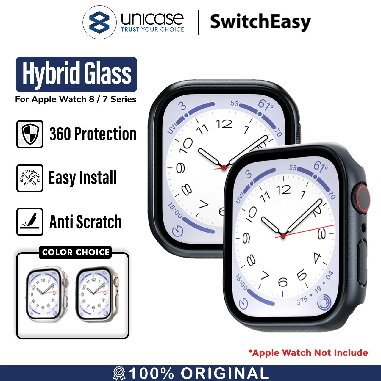 Case Apple Watch 9/8 45/41mm SwitchEasy Hybrid Glass Full Cover Clear