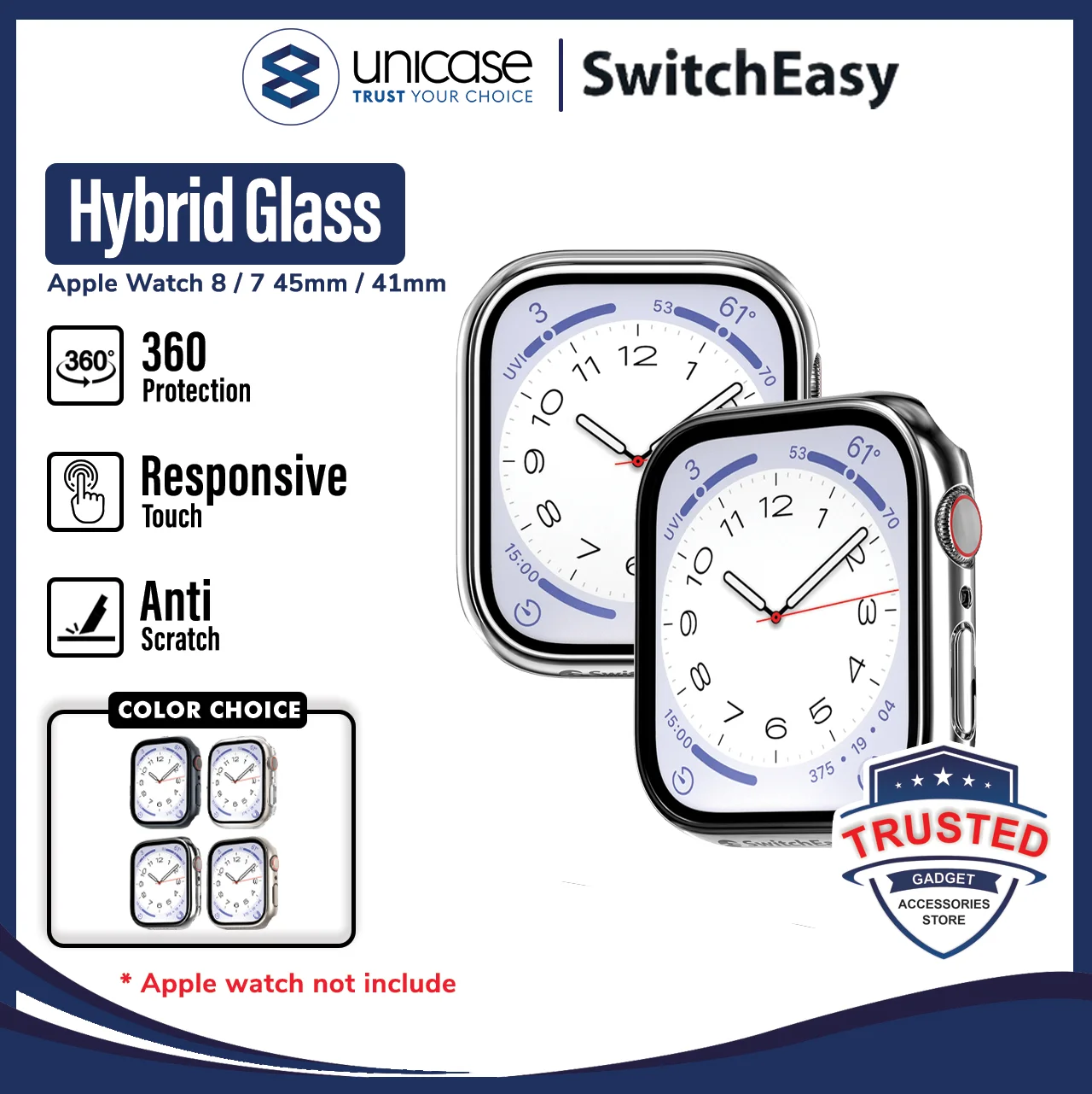 Case Apple Watch 9/8 45/41mm SwitchEasy Hybrid Glass Full Cover Clear