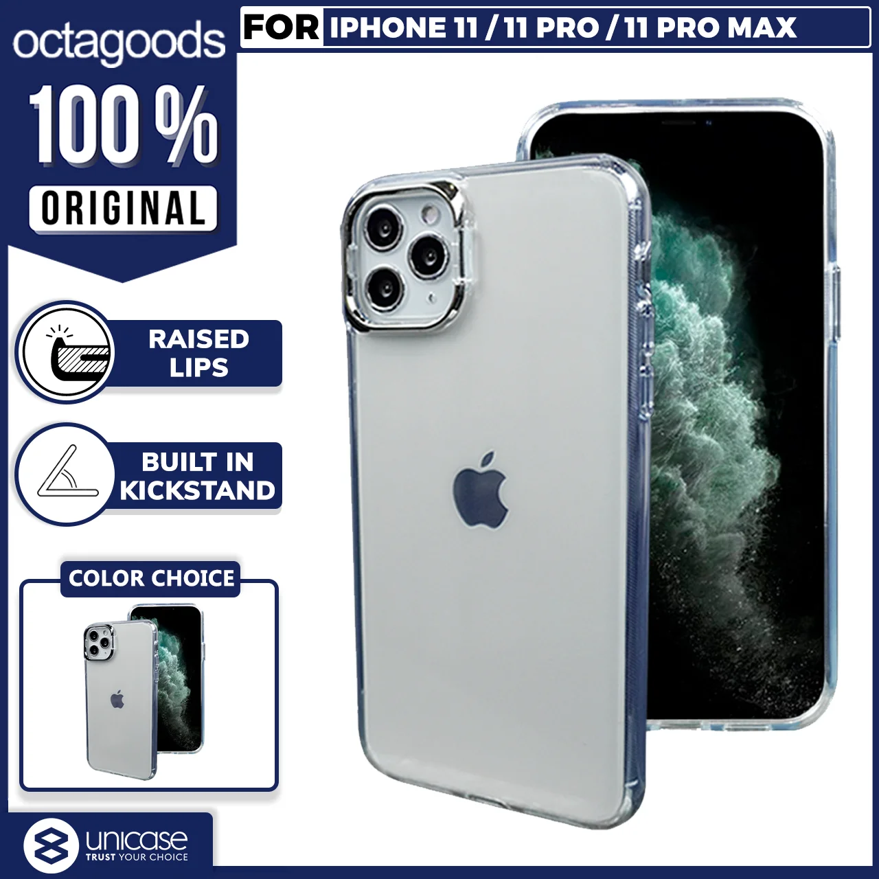 Case iPhone 11 Pro Max Octagoods Camera Frame Cover Stand Clear Casing