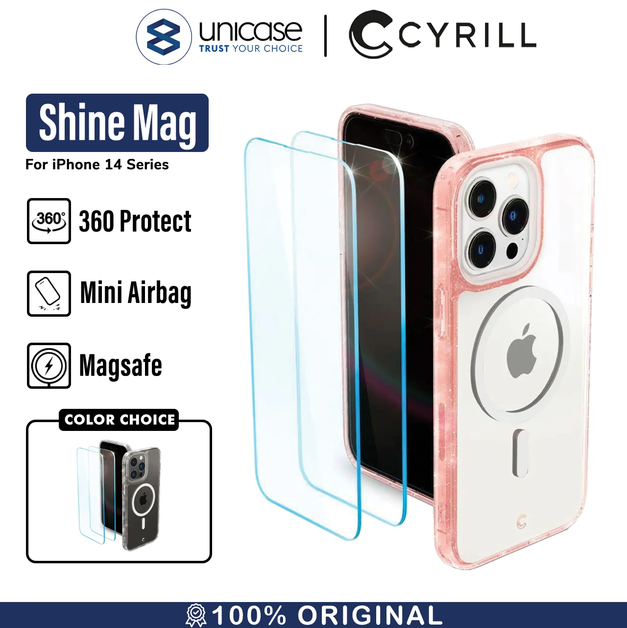 Case iPhone 14 Pro Max Plus Cyrill Shine MagSafe Clear Tempered Glass
