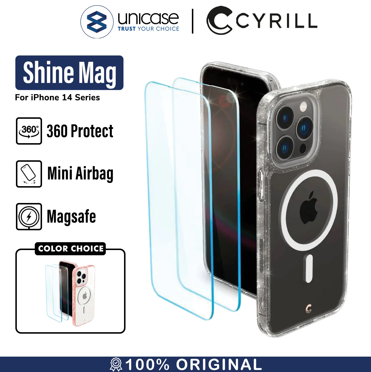 Case iPhone 14 Pro Max Plus Cyrill Shine MagSafe Clear Tempered Glass