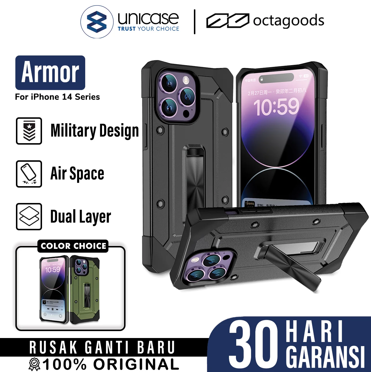 Case iPhone 14 Pro Max Plus octagoods Armor Shockproof Stand Casing