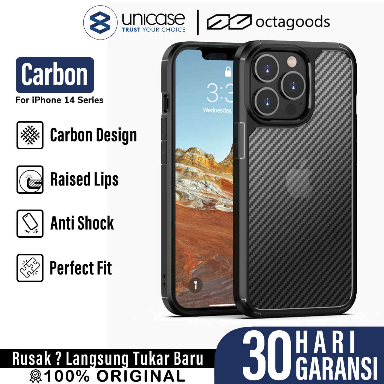 Case iPhone 14 Pro Max Plus OctaGoods Carbon Clear Anti Crack Casing