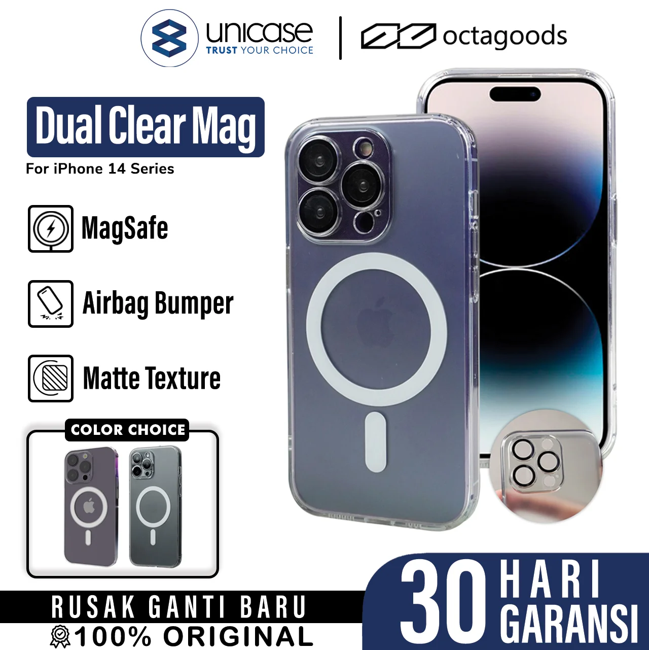 Case iPhone 14 Pro Max Plus OctaGoods Dual Clear MagSafe Matte Casing