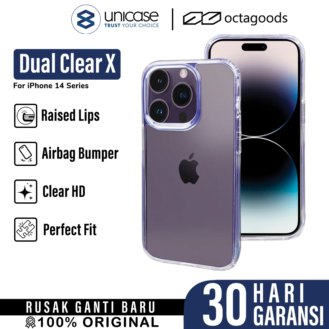 Case iPhone 14 Pro Max Plus OctaGoods Dual Clear X Anti Crack Casing