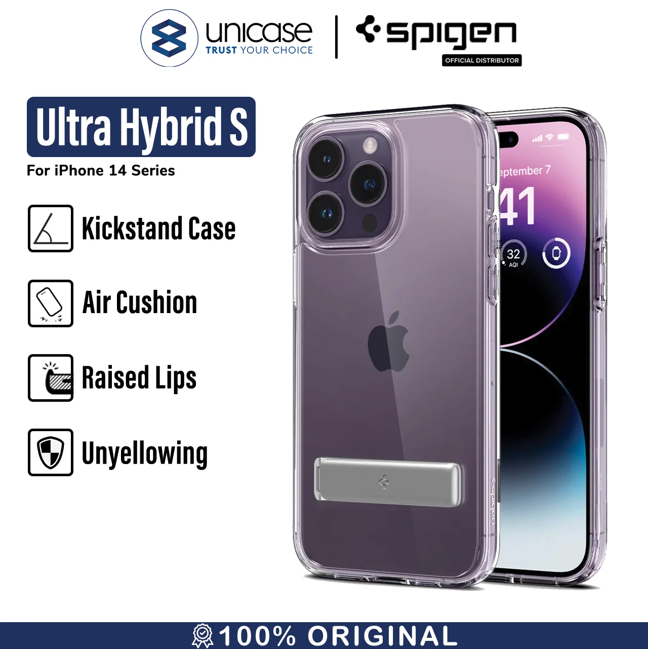 Case iPhone 14 Pro Max Plus Spigen Ultra Hybrid S Clear Stand Casing