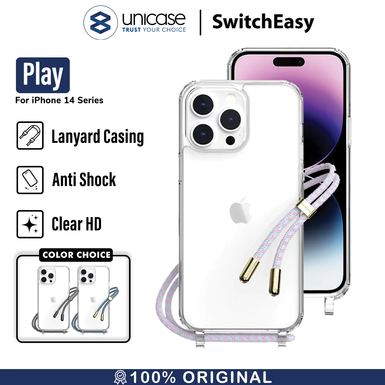 Case iPhone 15/ 14 Pro Max Plus SwitchEasy Play Lanyard Clear Casing