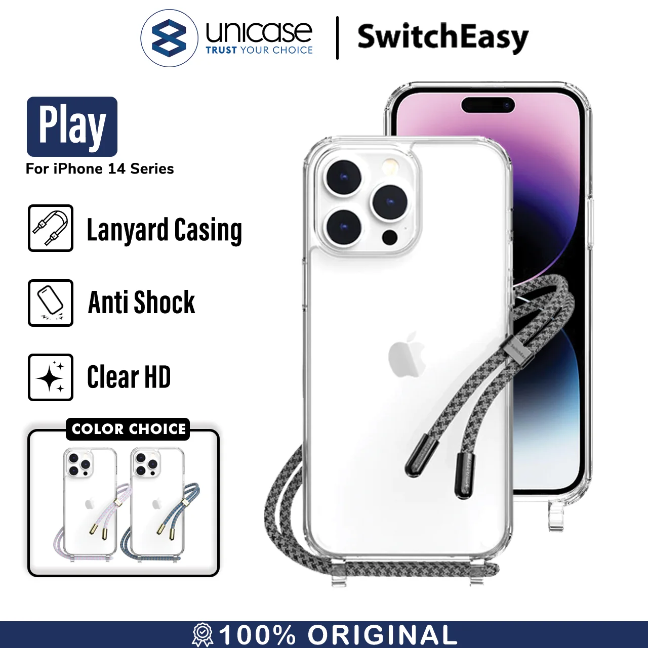 Case iPhone 15/ 14 Pro Max Plus SwitchEasy Play Lanyard Clear Casing