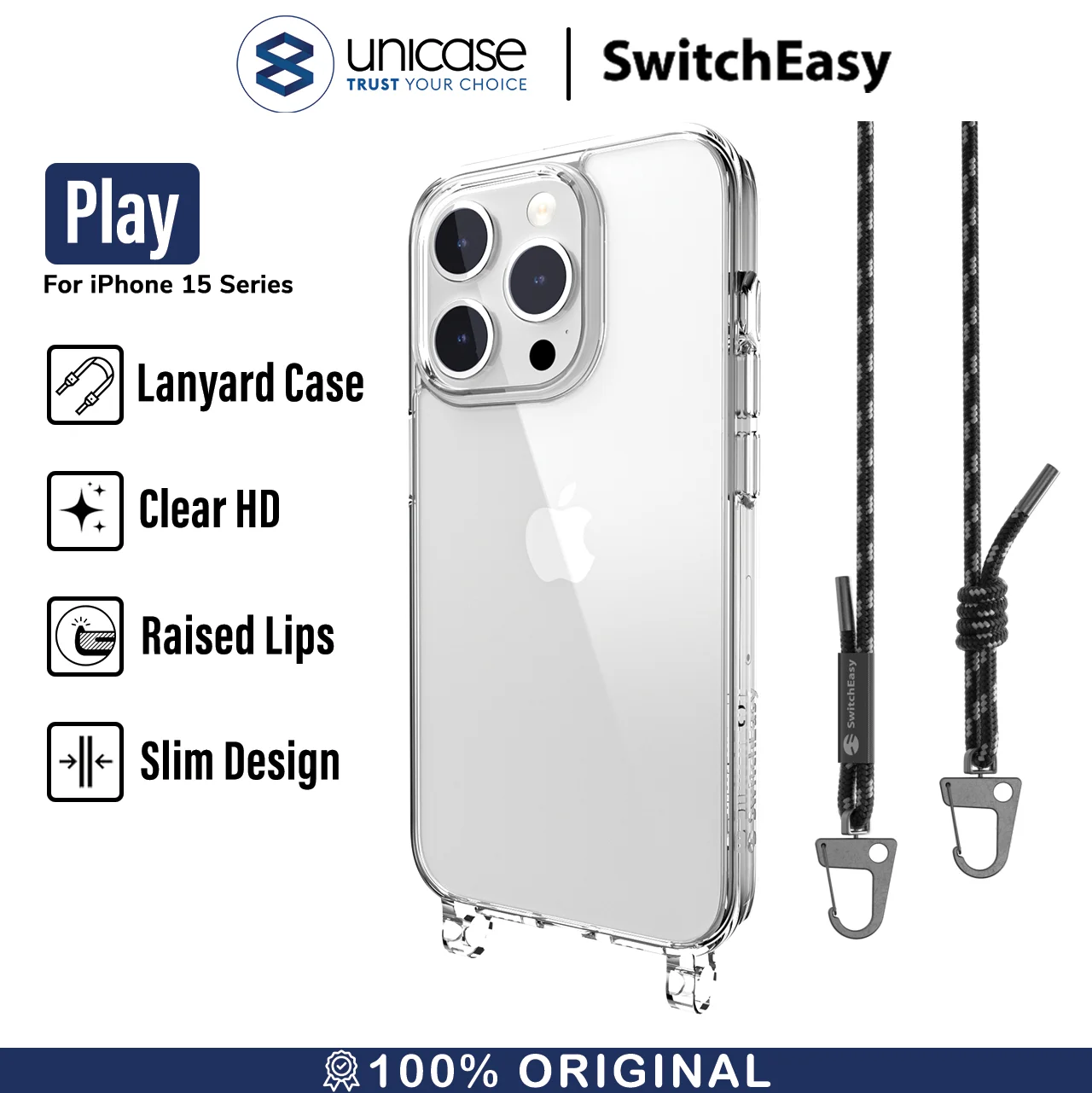 Case iPhone 15 Pro Max Plus SwitchEasy Play Lanyard Slim Clear Casing