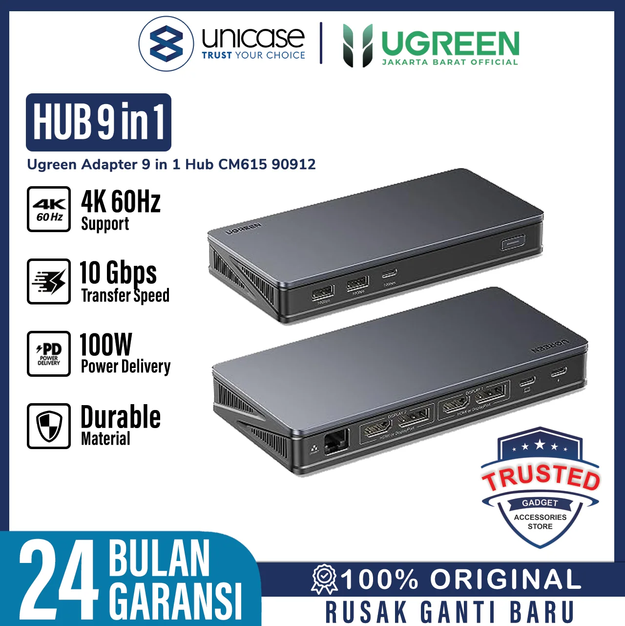 Docking Station HUB USB C/A 3.2 9 in 1 UGREEN PD 100W HDMI DP 4K RJ45