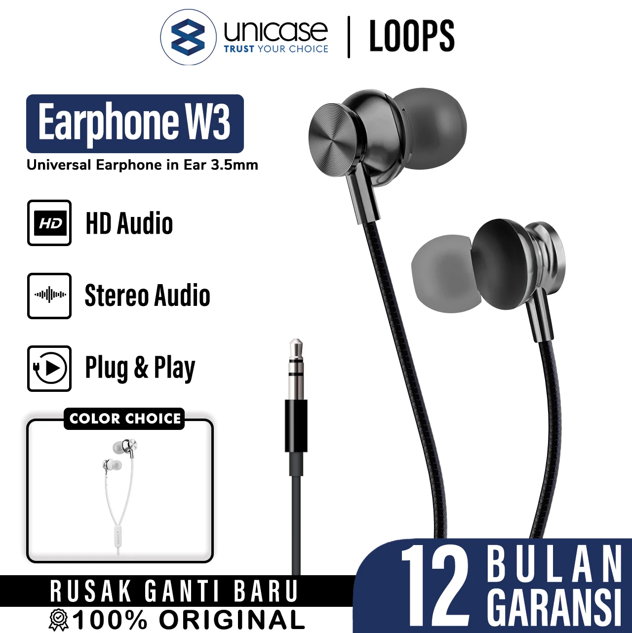 Earphone In Ear 3.5mm LOOPS W3 Wired Headset Kabel Mic Audio HD Cable