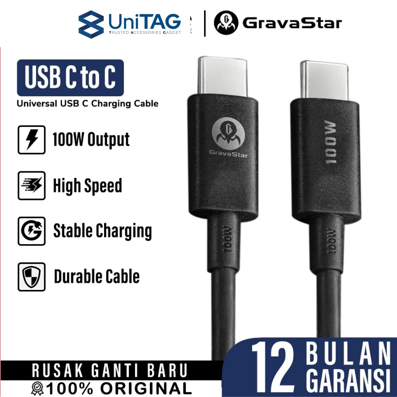 GravaStar USB-C 100W Charging Cable - Black GRAVASTAR TC_BLK