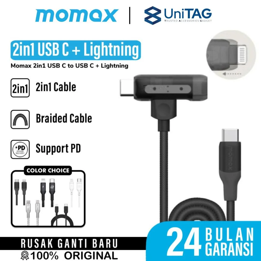 Momax Kabel Charger Lightning + USB C - USB C 1-Link Flow Duo 1.5m - Black DL56D-1