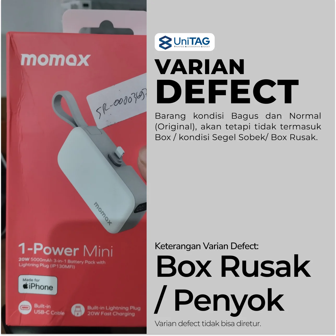 Momax Powerbank 3 in 1 1-Power Mini 5000mAh (+ USB C & Lightning Cable ) - White IP130MFIW-1