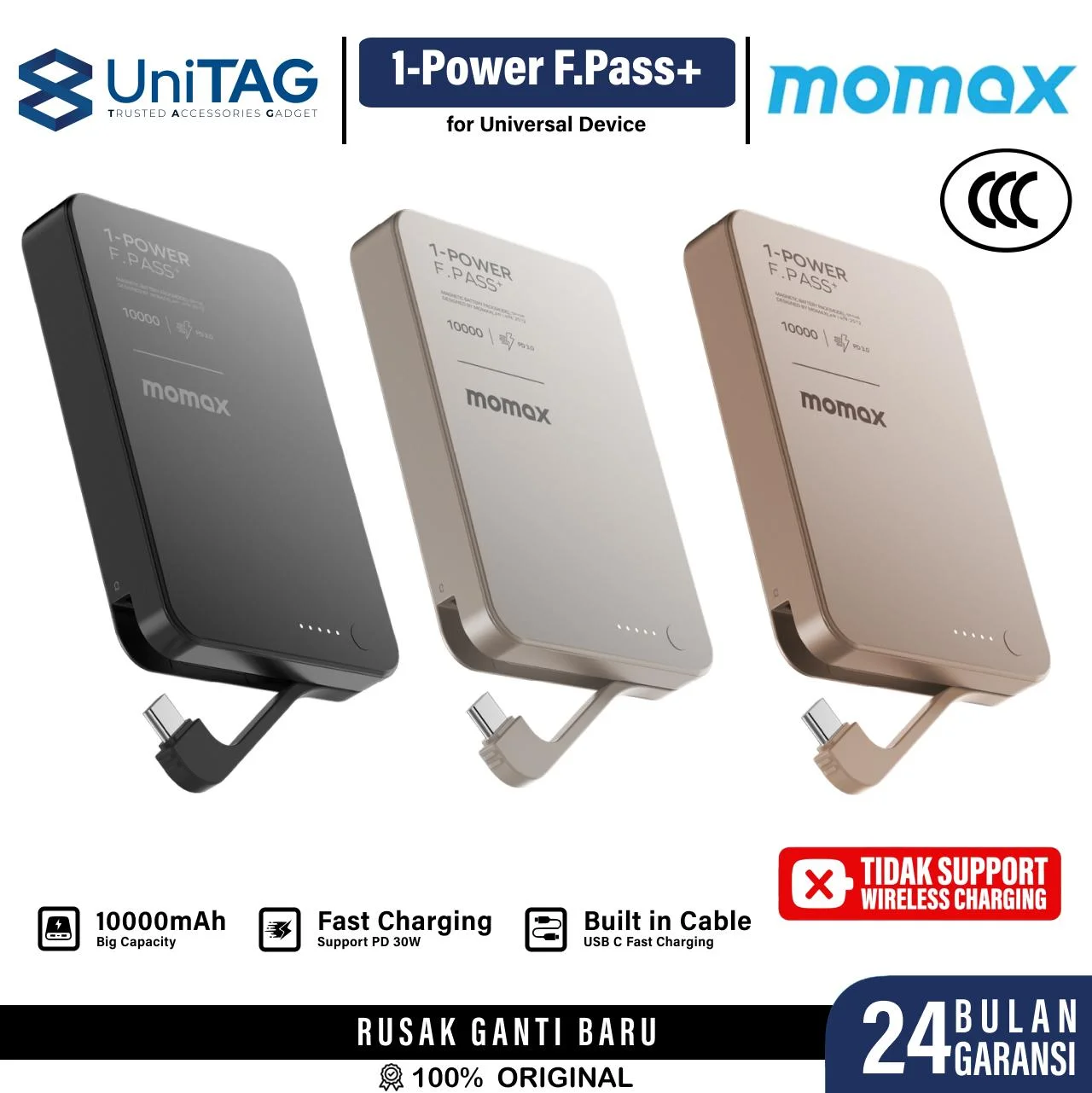 Momax Powerbank Magnetic 1-Power F.Pass+ CCC Fast Charging For Samsung iPhone 5000 10000 20000mAh