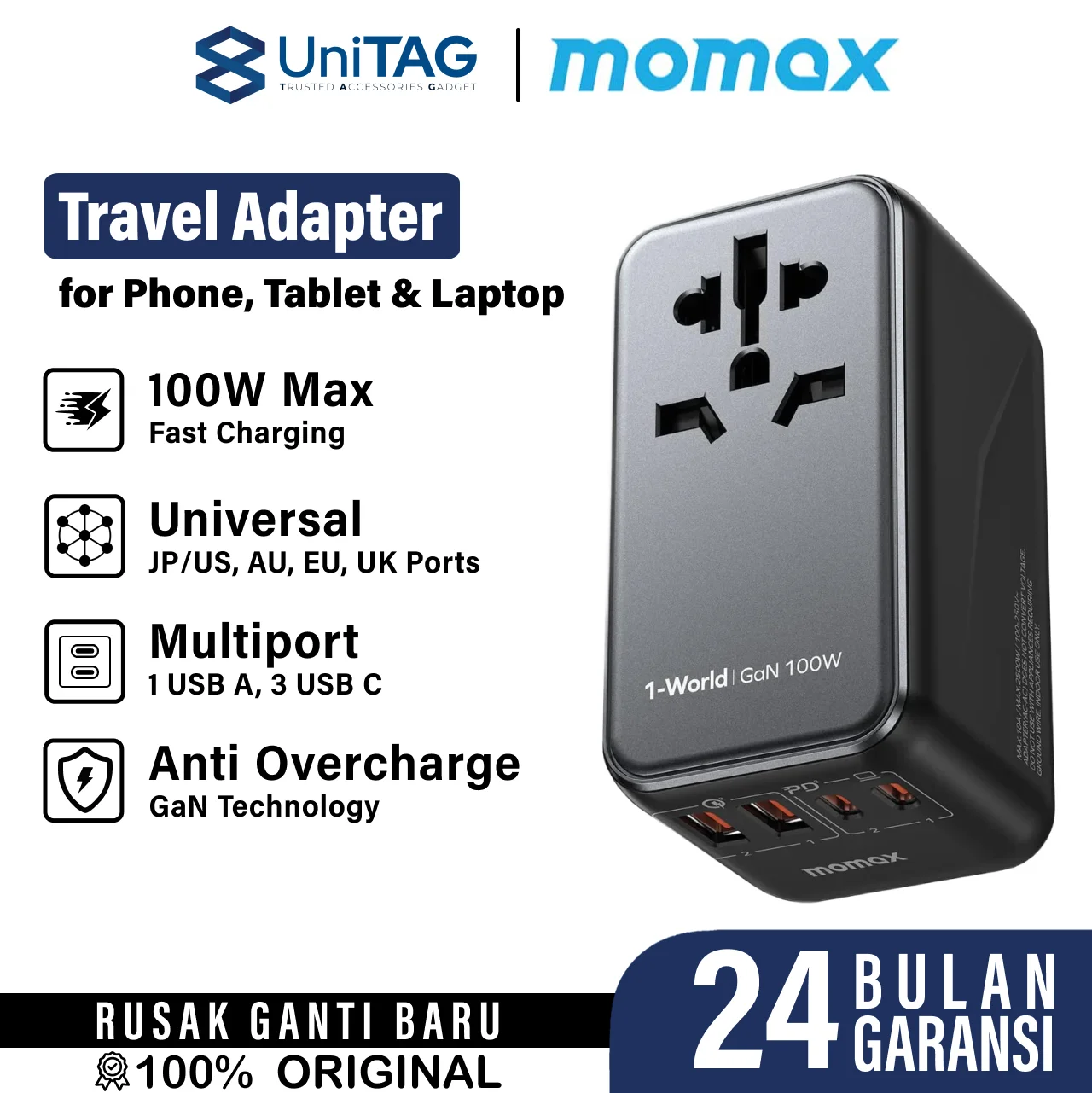 Universal Travel Adaptor Charger Momax 100W/65W/35W/20W US/EU/UK PD QC