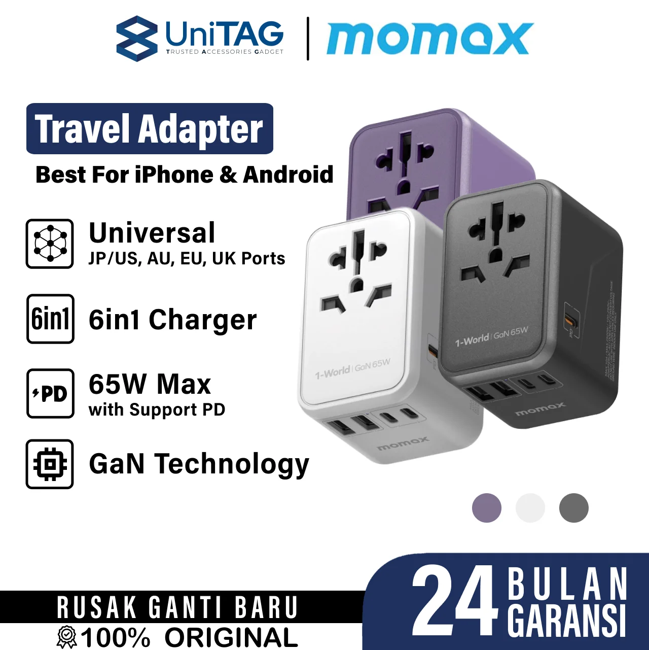 Momax Travel Adaptor 1-World Universal 4-Port 1A 3C PD QC GaN 140W (+Cable C to C 1m) - Black UA16GSD-1
