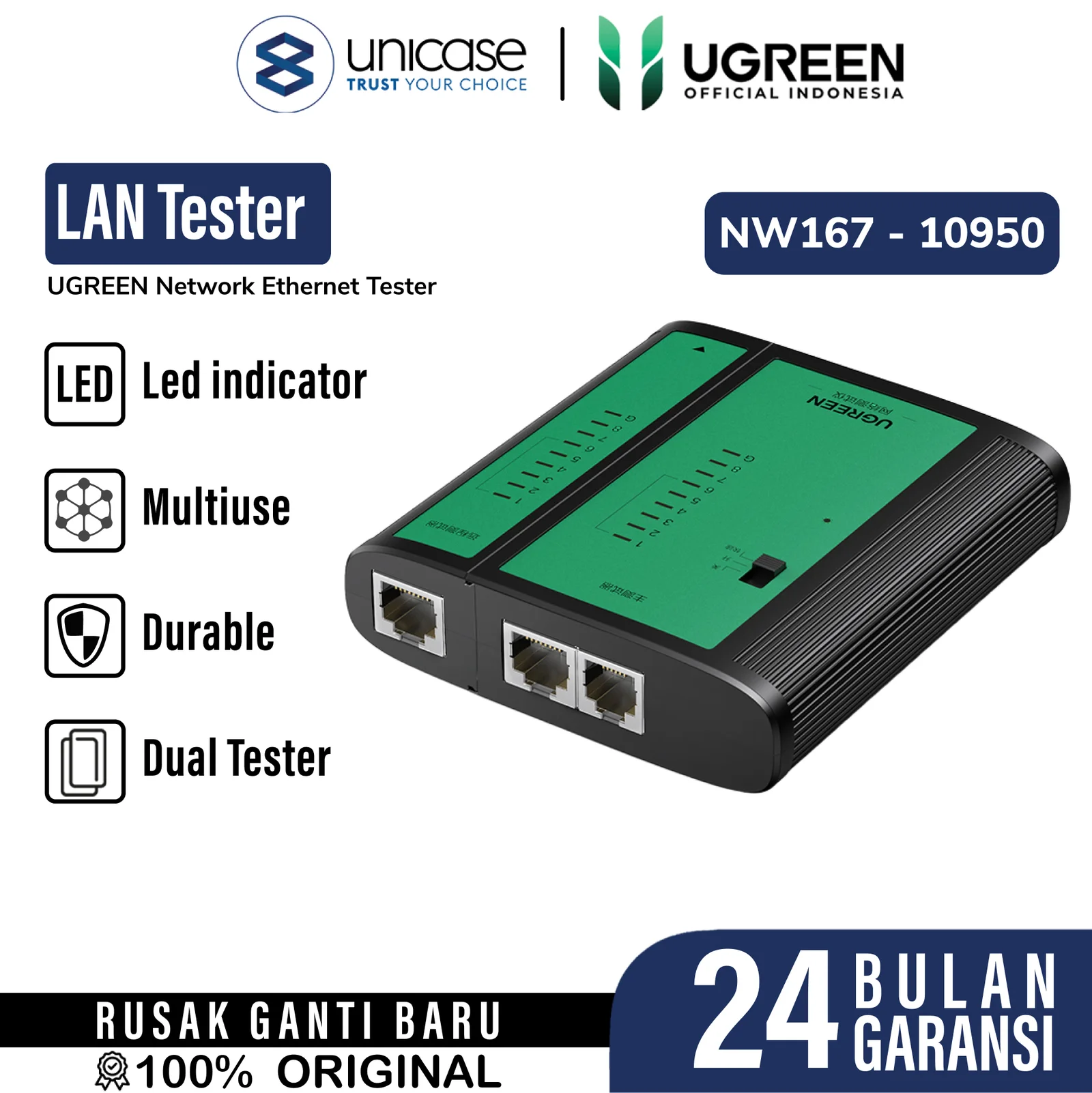 Network Lan Tester UGREEN RJ11 RJ45 Alat Penguji Tes Kabel Ethernet