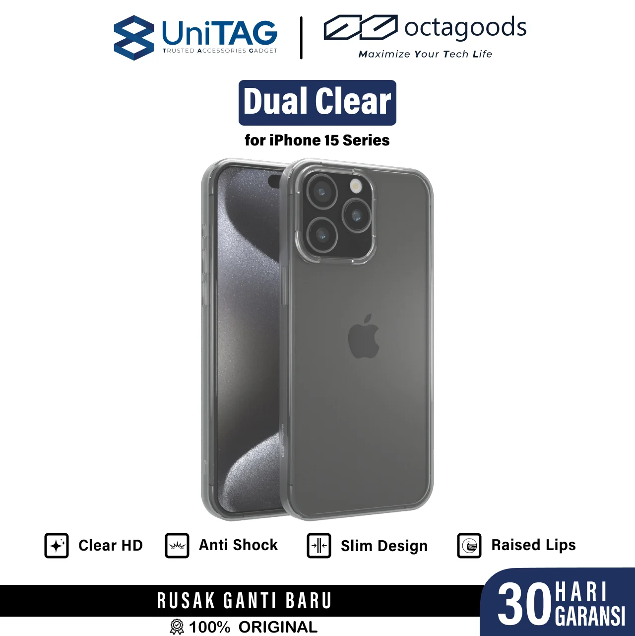 Octagoods iPhone 15 Pro Max Case Dual Clear - Clear K28063-1