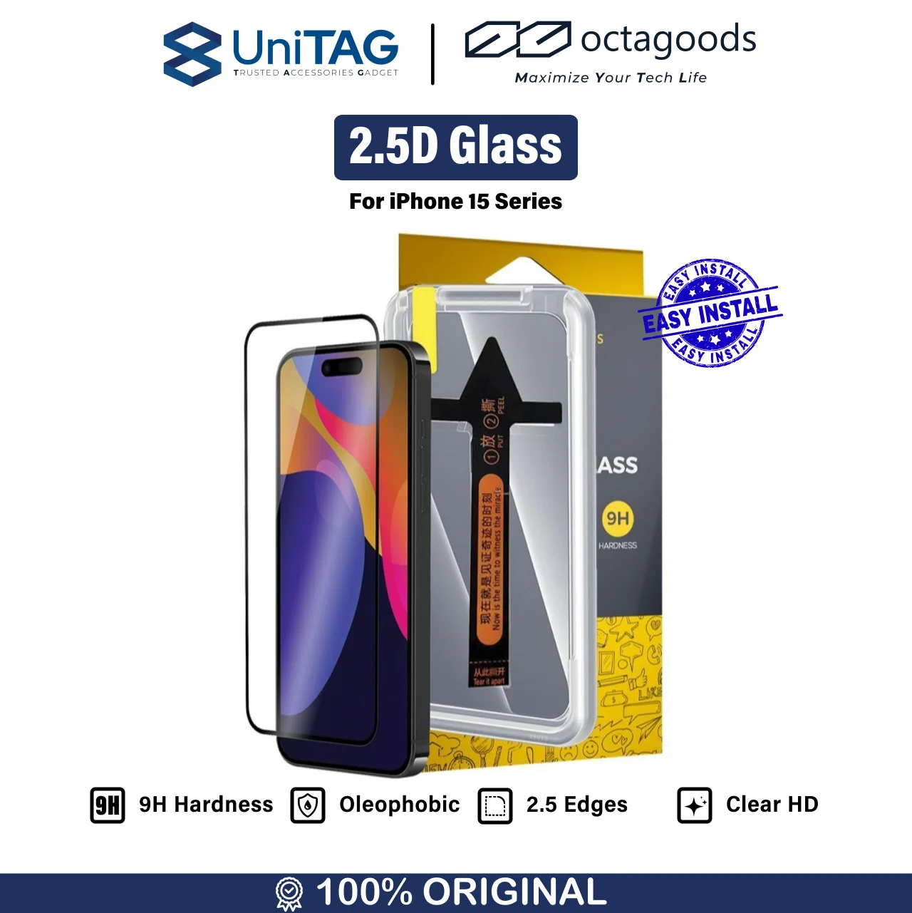 Tempered Glass iPhone 15 Pro Max Plus Octagoods Clear 2.5D Tray Cover